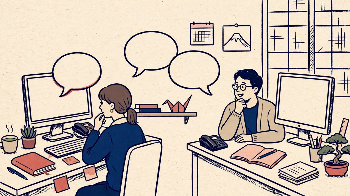 チャットでやり取りするオフィスのイラスト