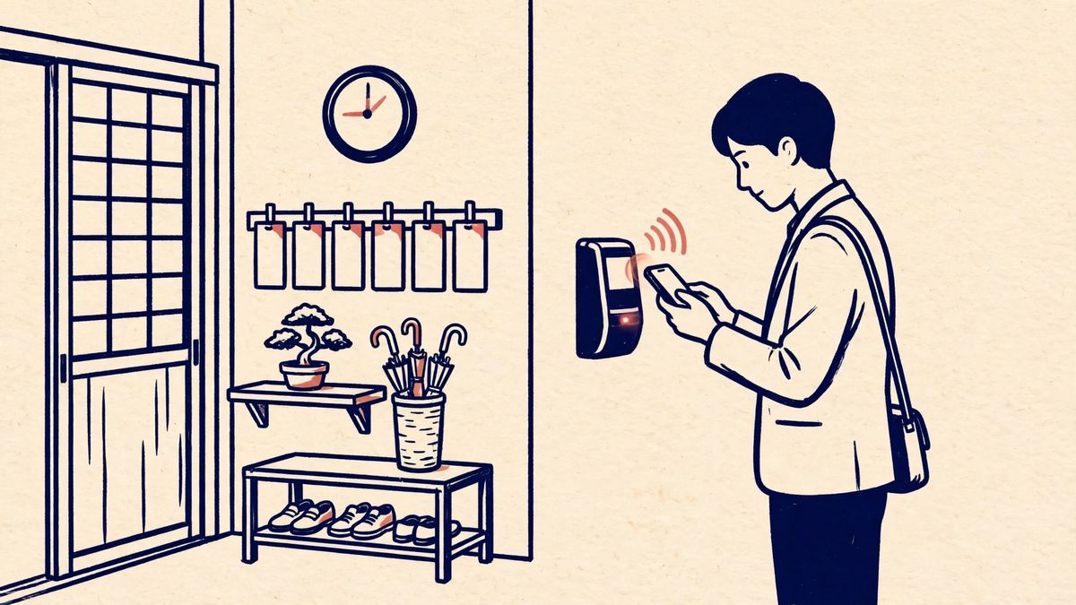 オフィス入口で勤怠を打刻するイラスト