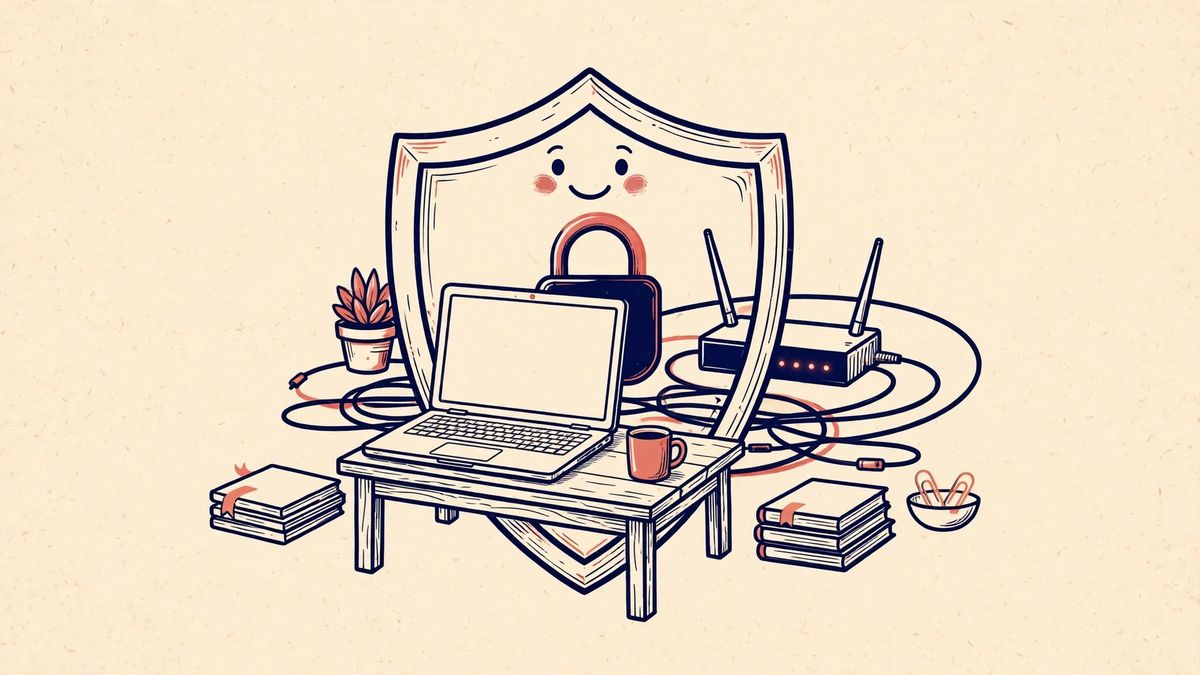 盾と鍵で守られるオフィスのPCのイラスト