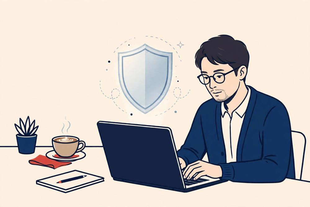 カフェでノートPCを使う社長と、接続を守る盾のイラスト