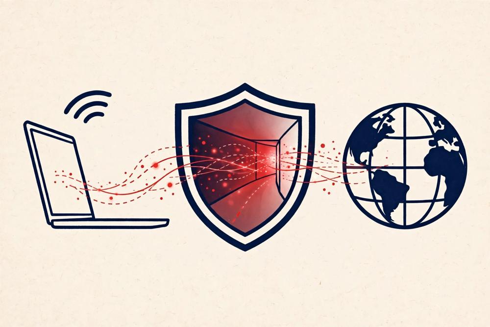 ノートPCの通信が盾のトンネルを通ってインターネットへ出る図