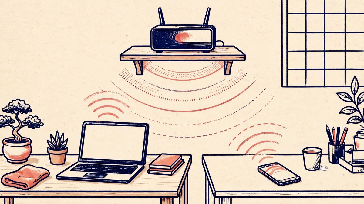 オフィスのWi-Fiルーターと電波のイラスト